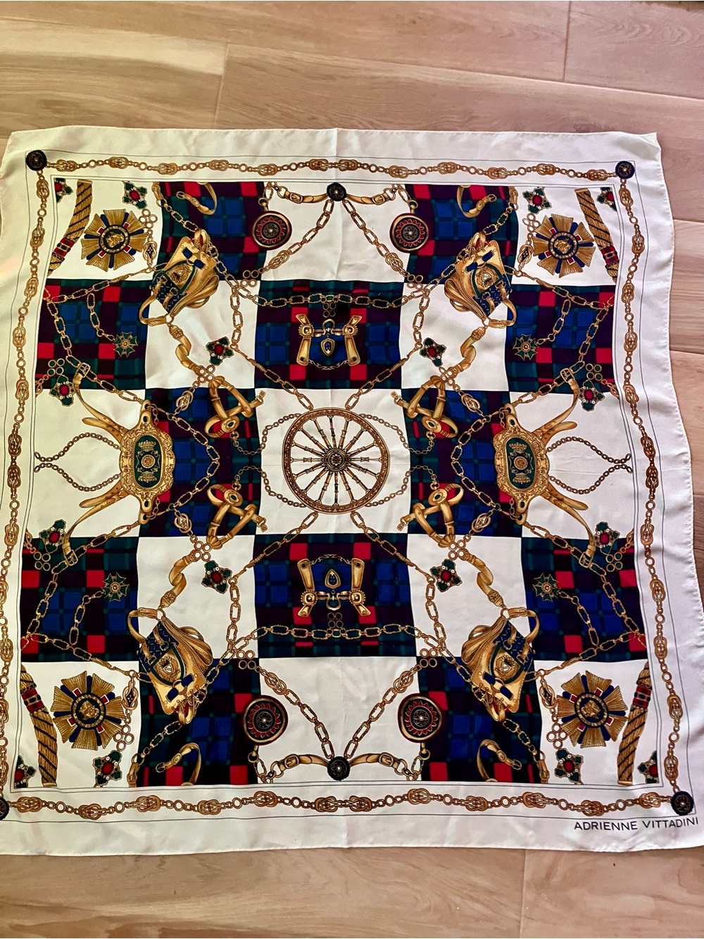 Adrienne Vittadini Navy, Red & Gold Equestrian Print Silk Scarf